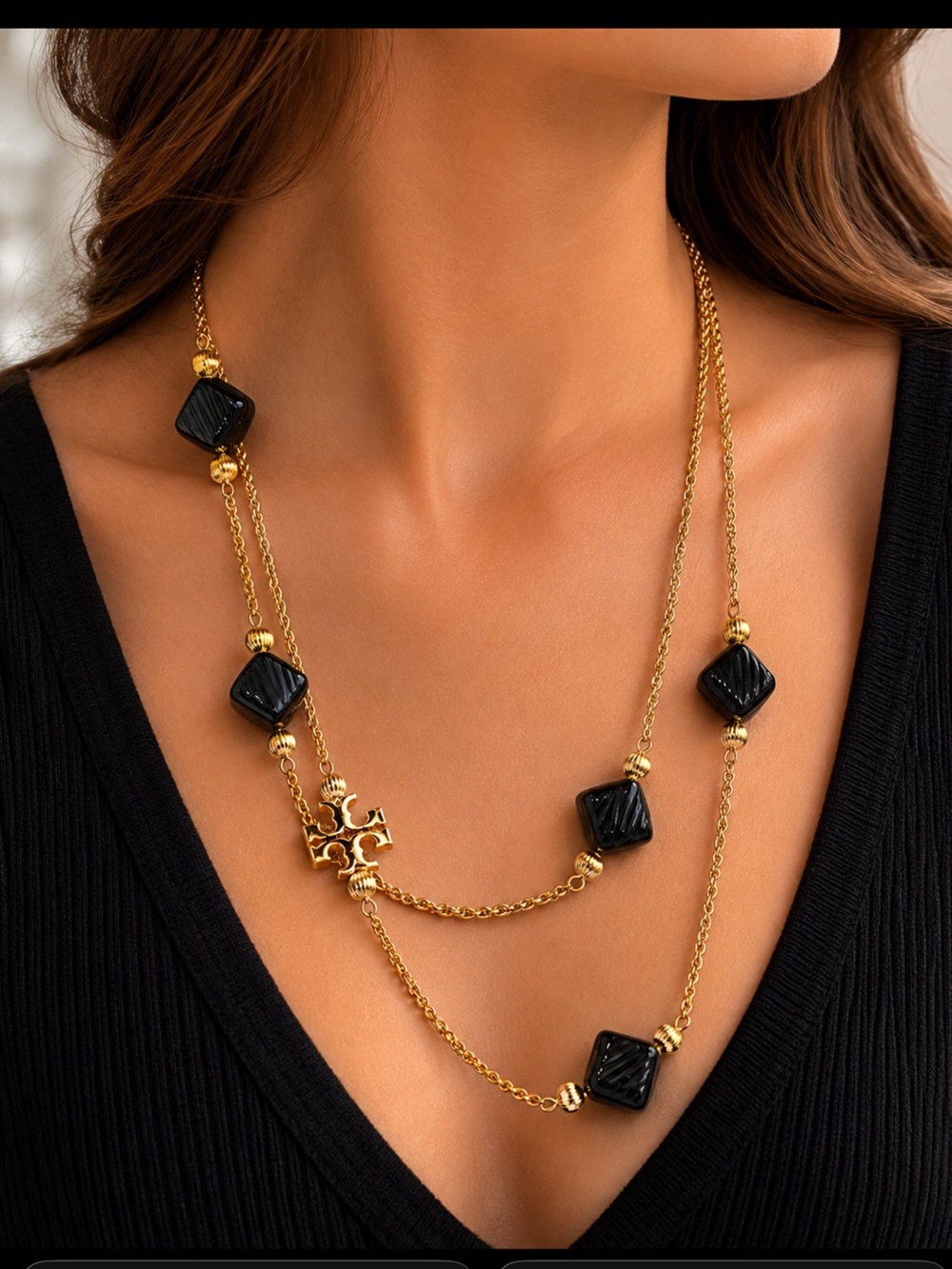 Tory Burch Gold-Tone Double Chain Necklace with Black Beads